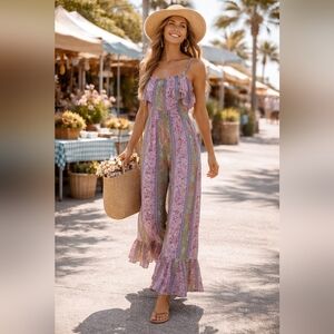 Easel Los Angeles Boho Floral Stripe Jumpsuit,  Removable Straps, Festival Small